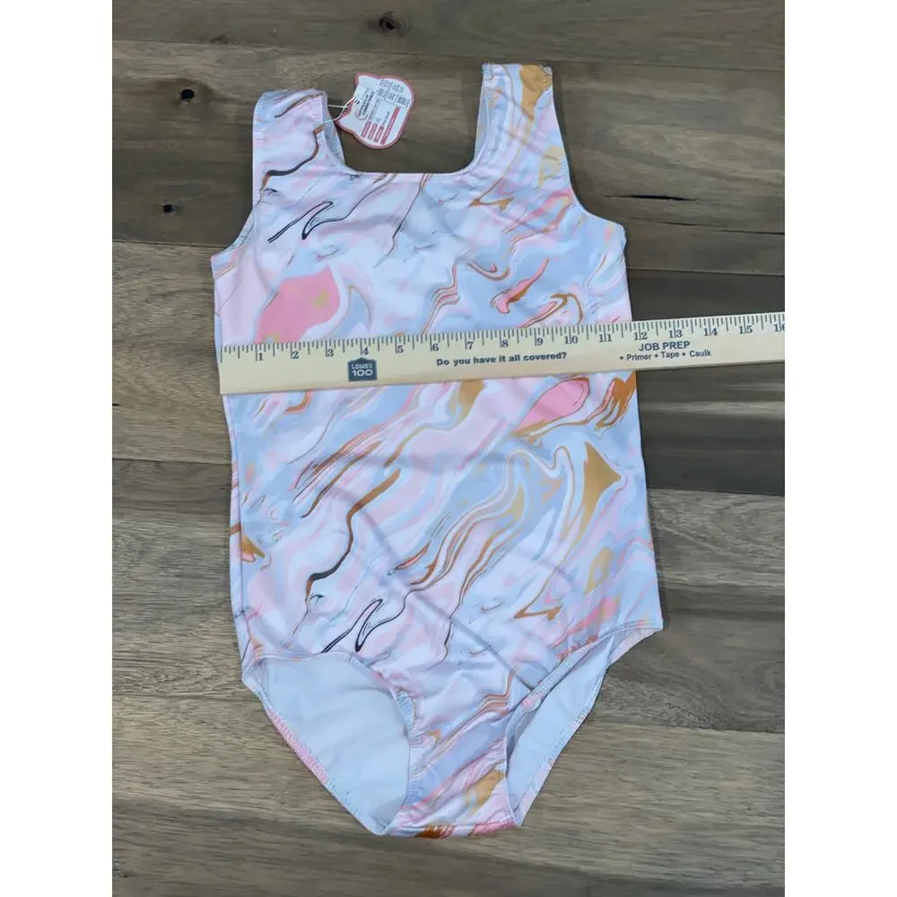 Girls Pink Blue & Gold Swirl One‑Piece Swimsuit Size M (7/8) NWT